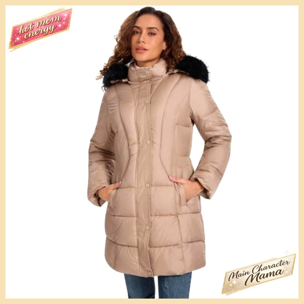 Women's Long Down Puffer Coat with Detachable Faux Fur Hood, Winter Parka - Picture 4 of 6